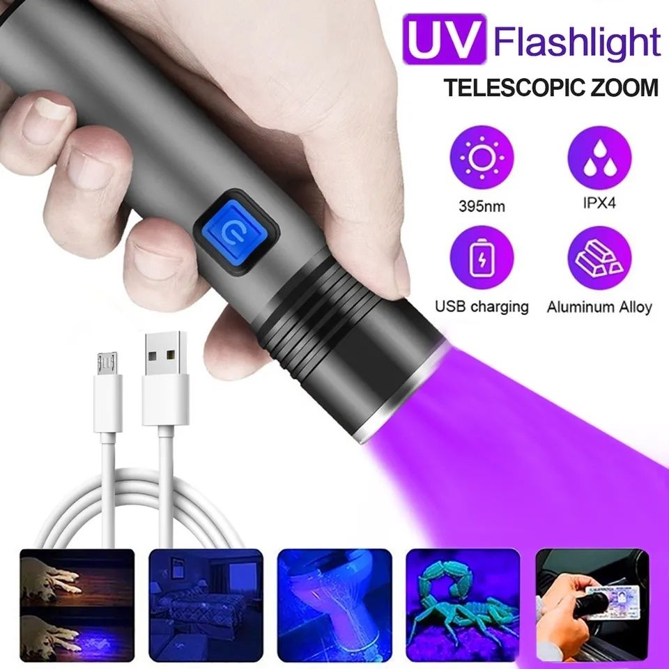 Recarregável led UV lanterna ultravioleta com zoom