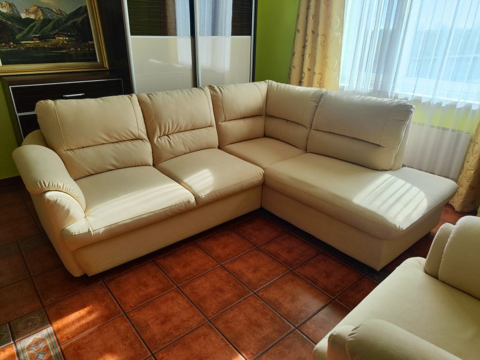 Narożnik kanapa fotel skóra welurowa jasny beż jak nowa