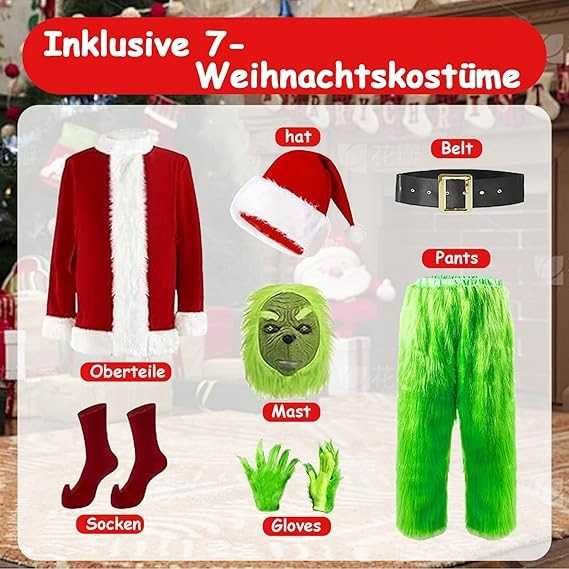 Kostium zielonego potwora Grinch – komplet na święta i cosplay, XL
