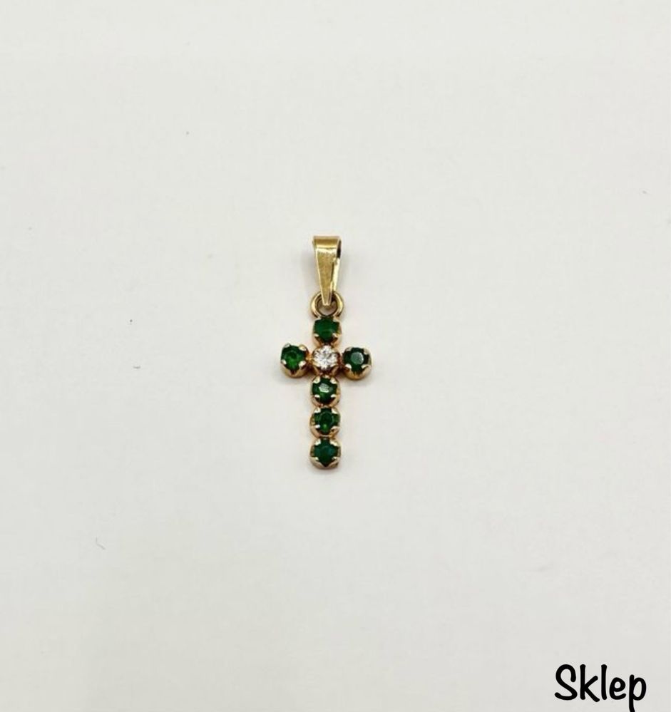 Złoty Krzyżyk z Zielonymi Cyrkoniami Pr.585 NOWY