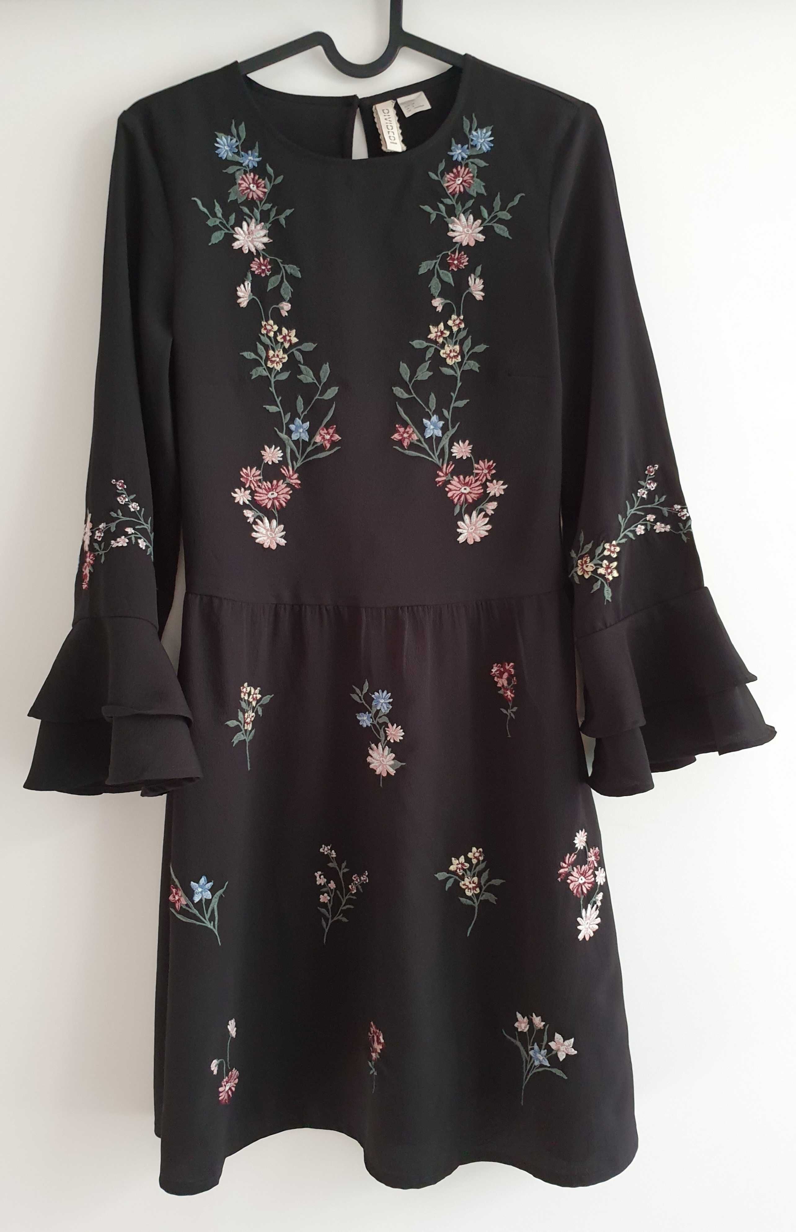 Sukienka H&M czarna w haftowane kwiaty - XS 34
