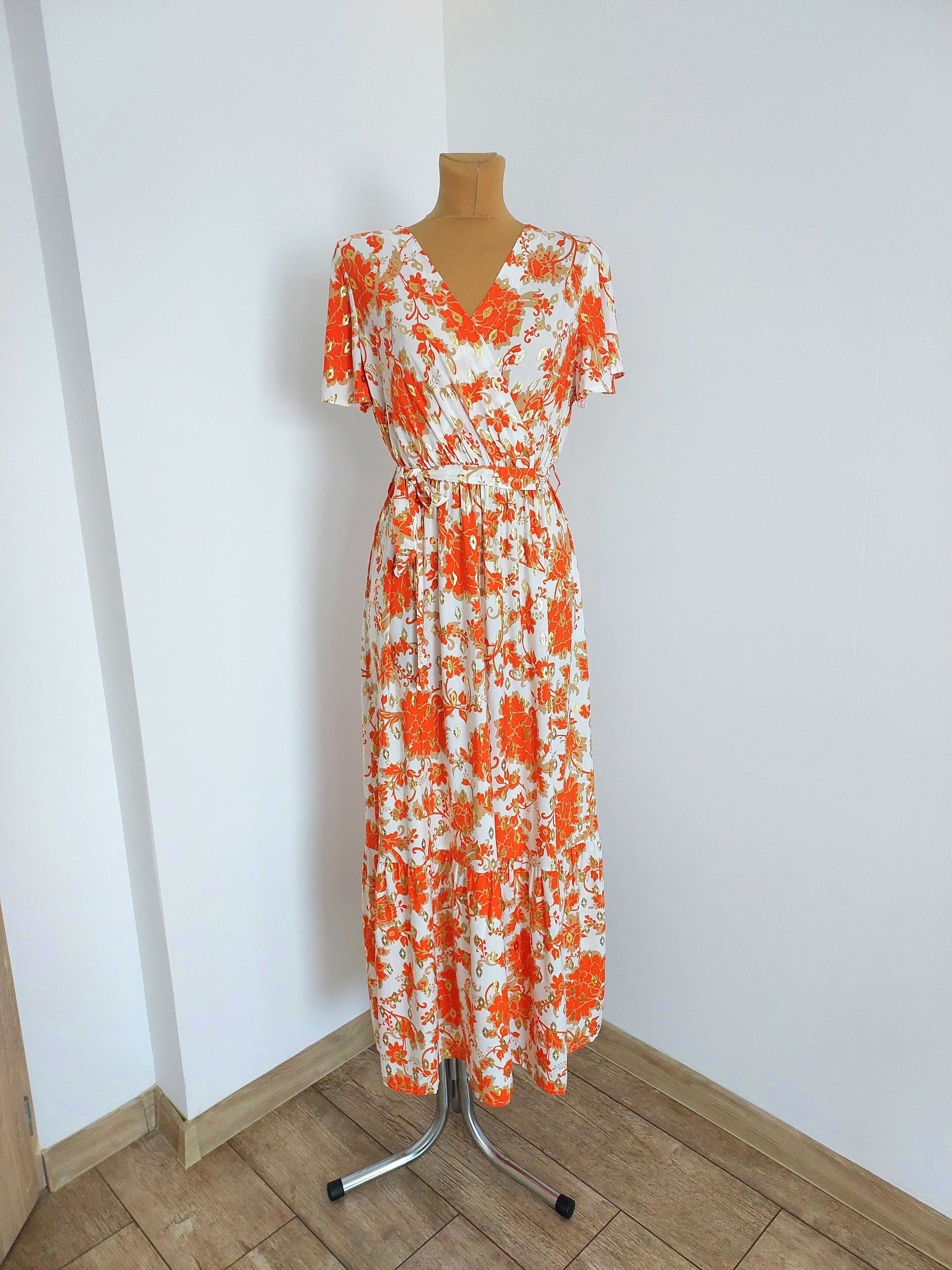Nowa maxi sukienka z paskiem w pomarańczowe i złote wzory xl/xxl