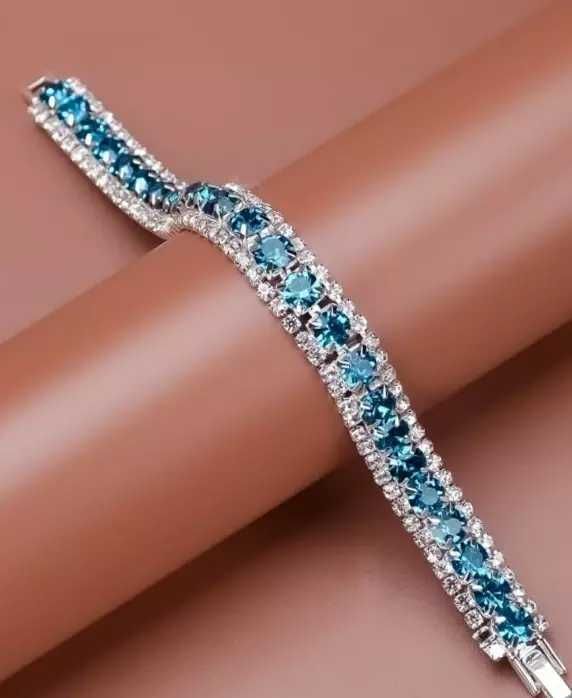 G116 Bransoletka srebrno-niebieska, z kryształkami,18,5cm+opakowanie