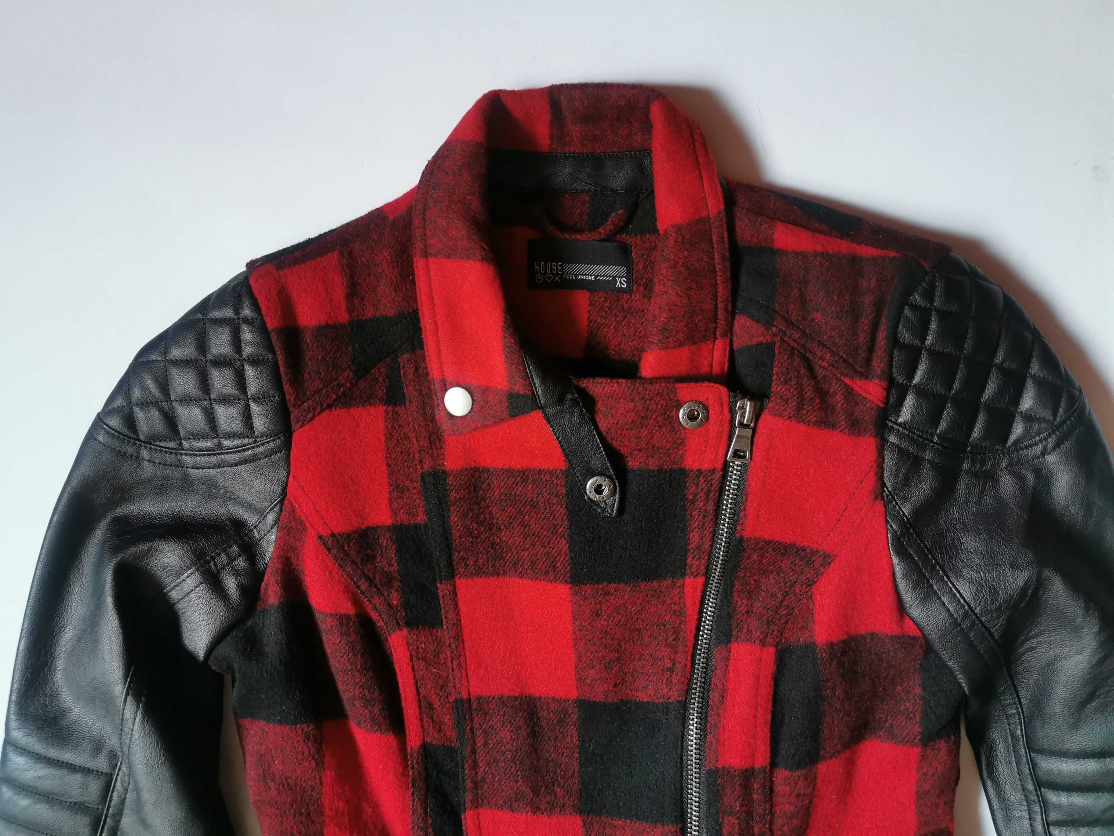 Kurtka w czerwoną kratkę ramoneska biker jacket punk skórzana House XS