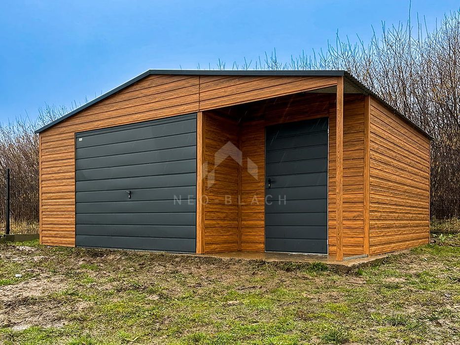 Garaż Blaszany 8X5M + Wnęka 1X2 - Brama Drzwi Drewnopodobny Nb110