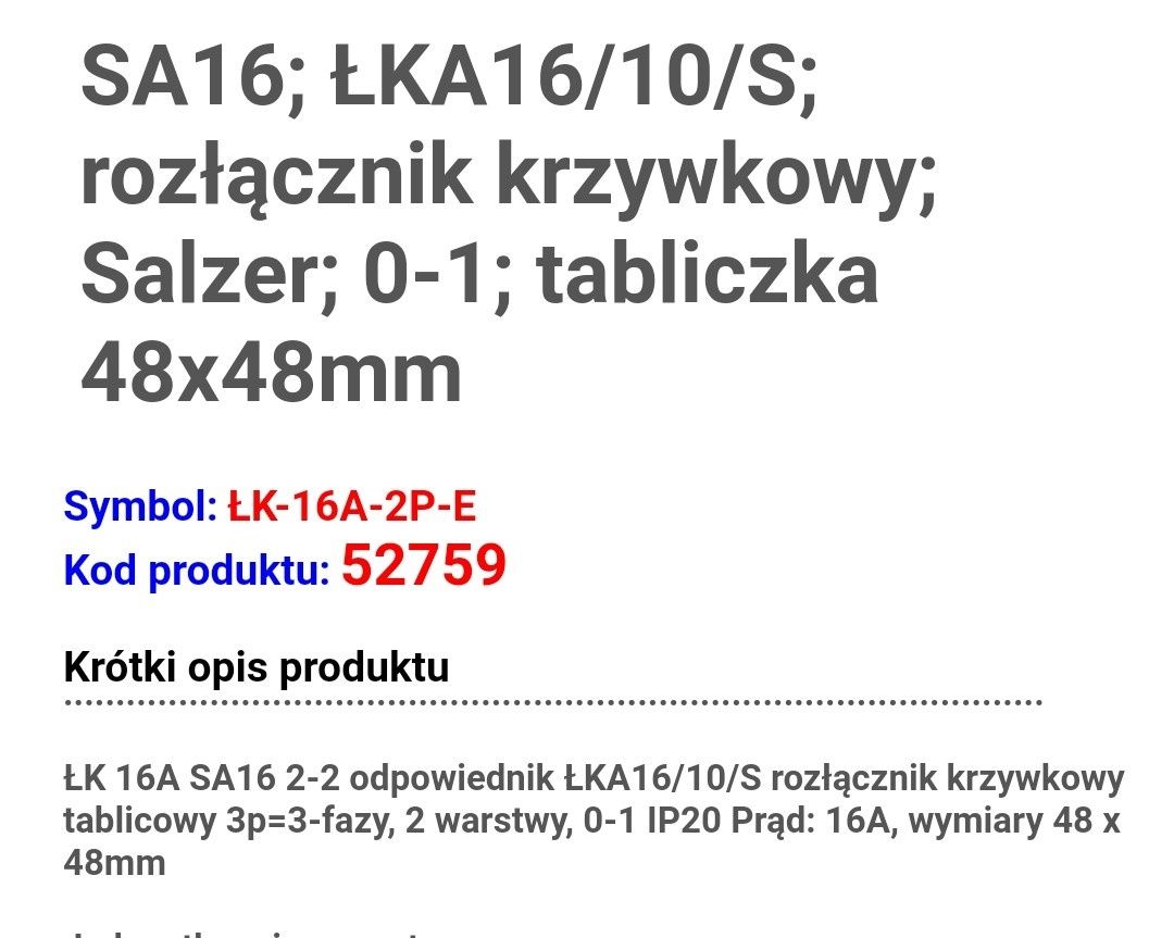 Rozłącznik krzywkowy Salzer48x48