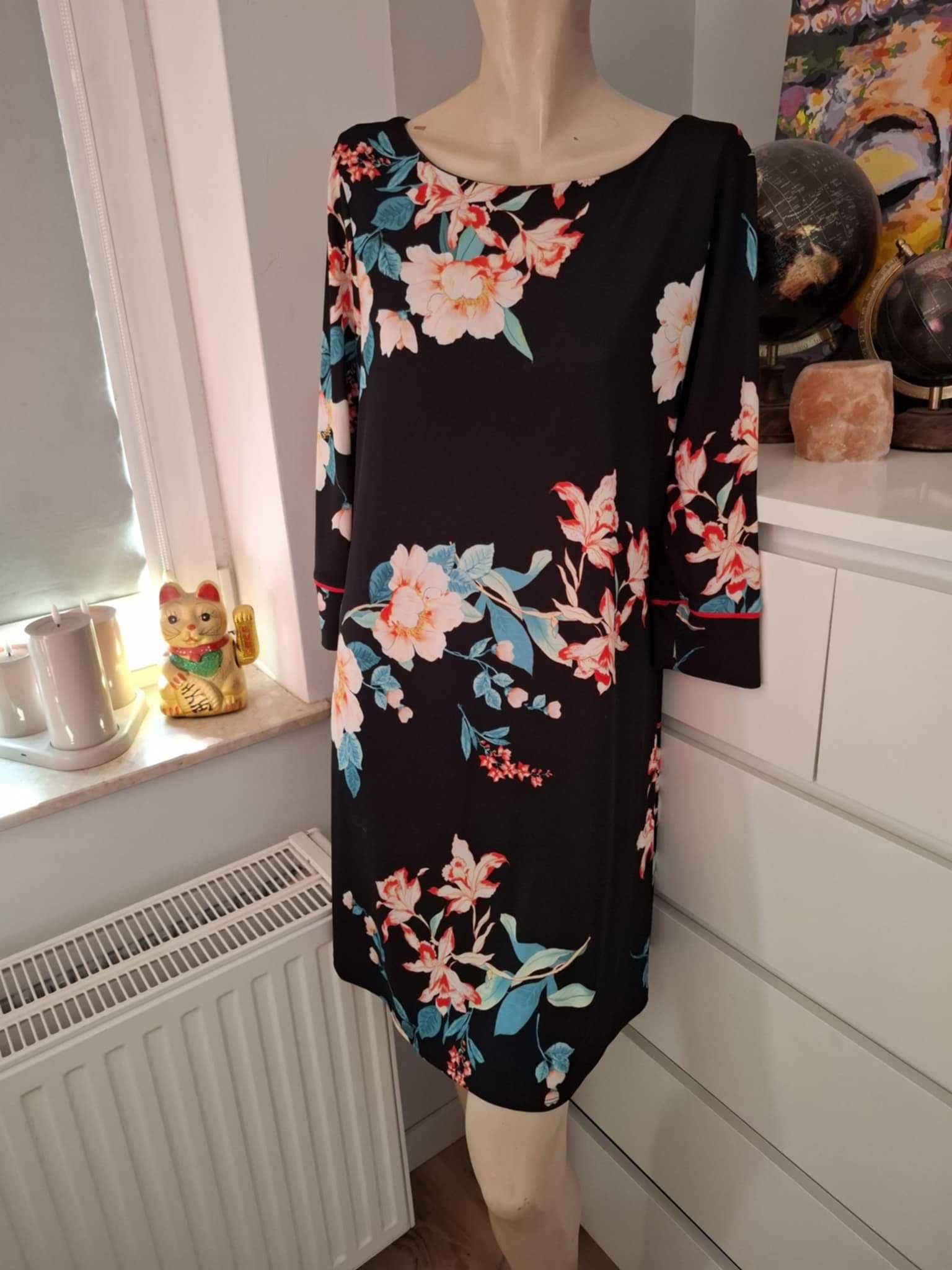 42 XL Wallis elegancka czarna pomarańczowa zielona biała sukienka