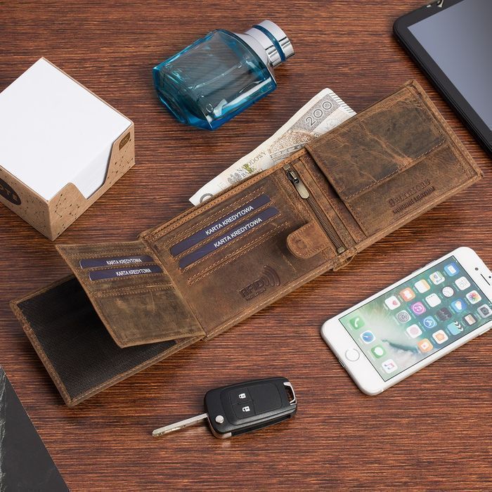 Portfel skórzany męski brązowy nubuk poziomy skóra ciężarówka RFiD