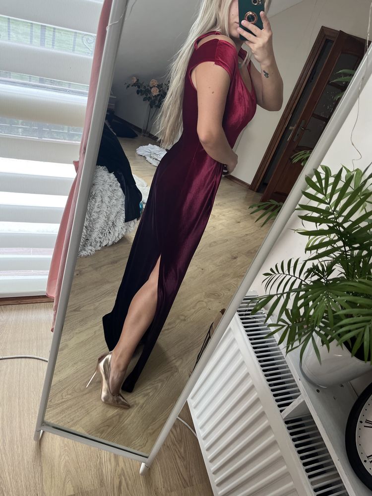 Suknia wieczorowa ombre czerwona bordo M L rozcięcie