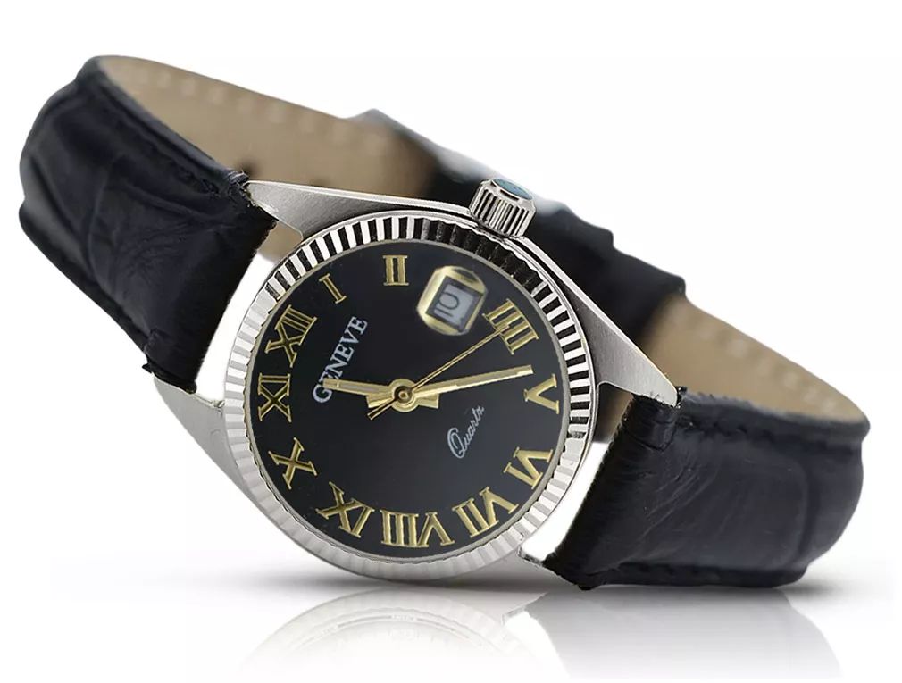 Zegarek damski z białego złota 14k Geneve z czarną tarczą lw020wdbc P