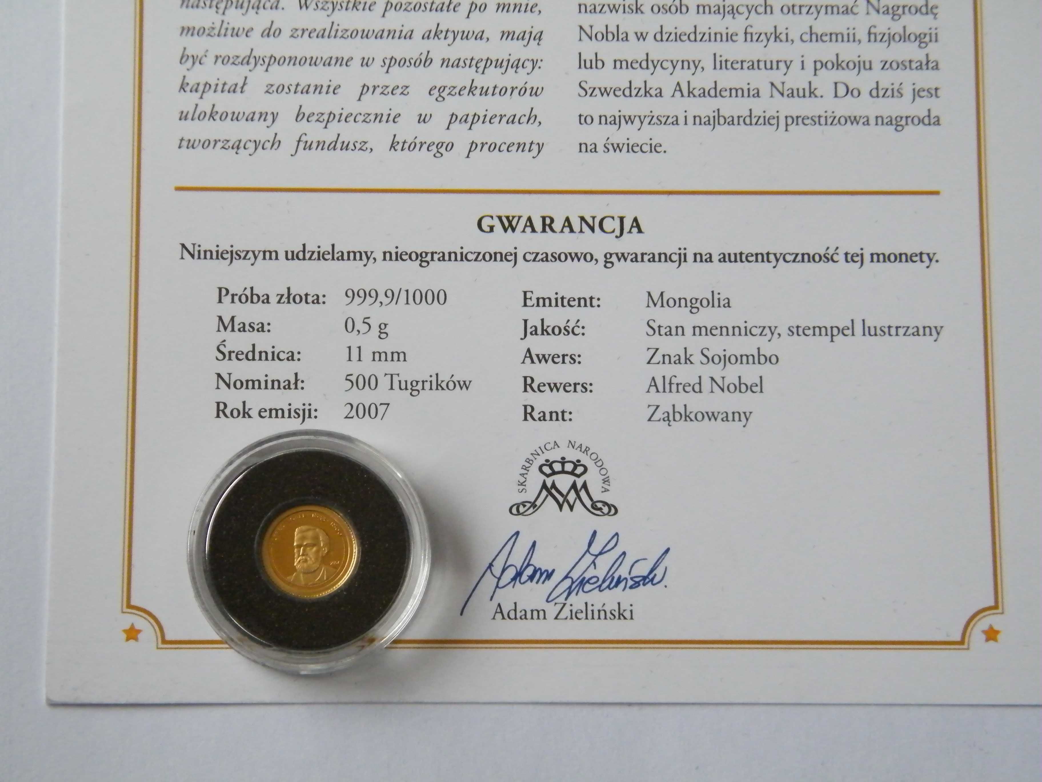 Alfred Nobel Mongolia 500 Tugrików 2007 r Au 999