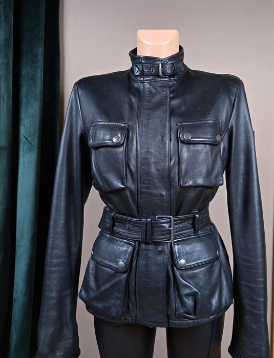 BELSTAFF damska skórzana kurtka czarna ramoneska z paskiem