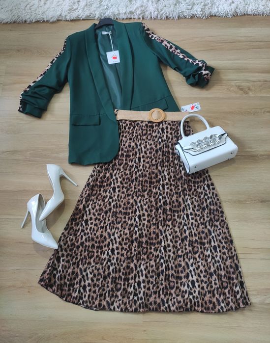 Spódnica długa maxi plisowana panterka z paskiem