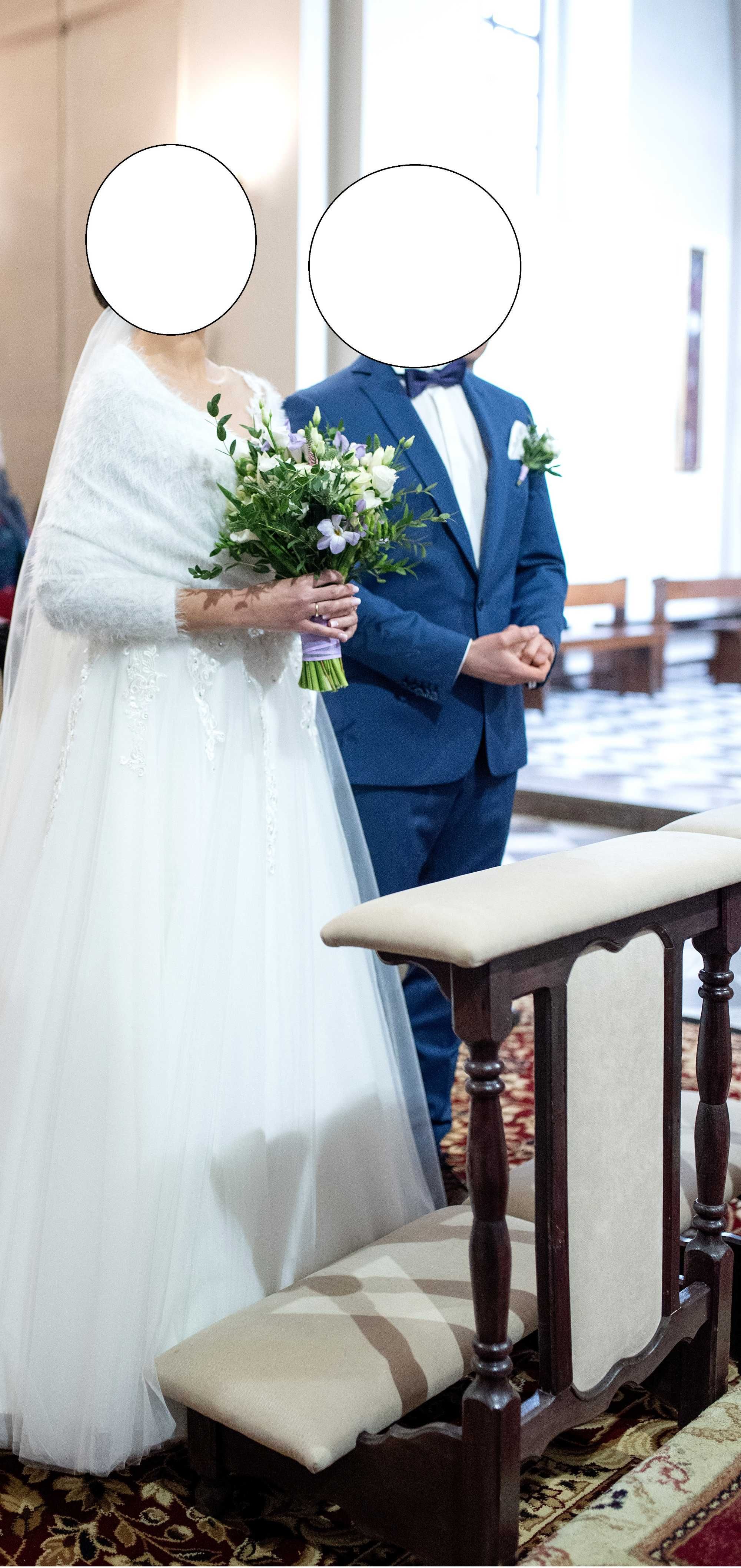 suknia ślubna biała welon tiulowy okrycie kpl