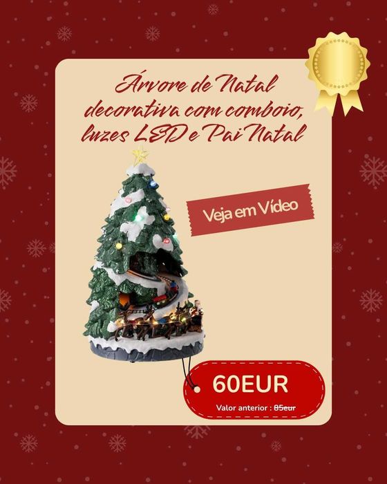 Árvore de Natal com comboio, luzes e Pai Natal