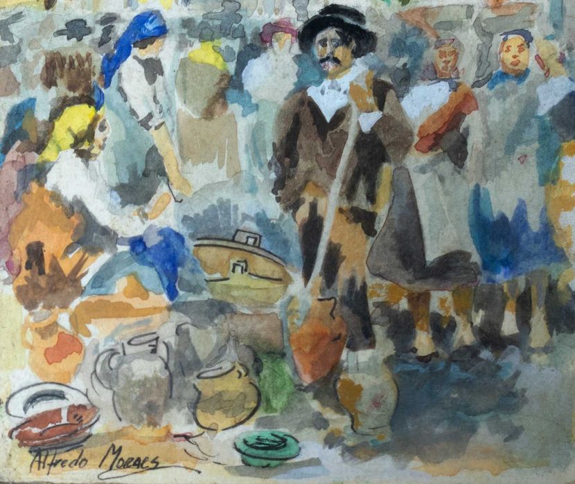 Pintura aguarela romaria igreja | Alfredo Morais