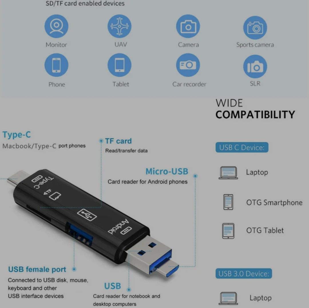 Кардридер Card Reader USB 2.0 OTG 5 в 1 Type-C, MicroSD