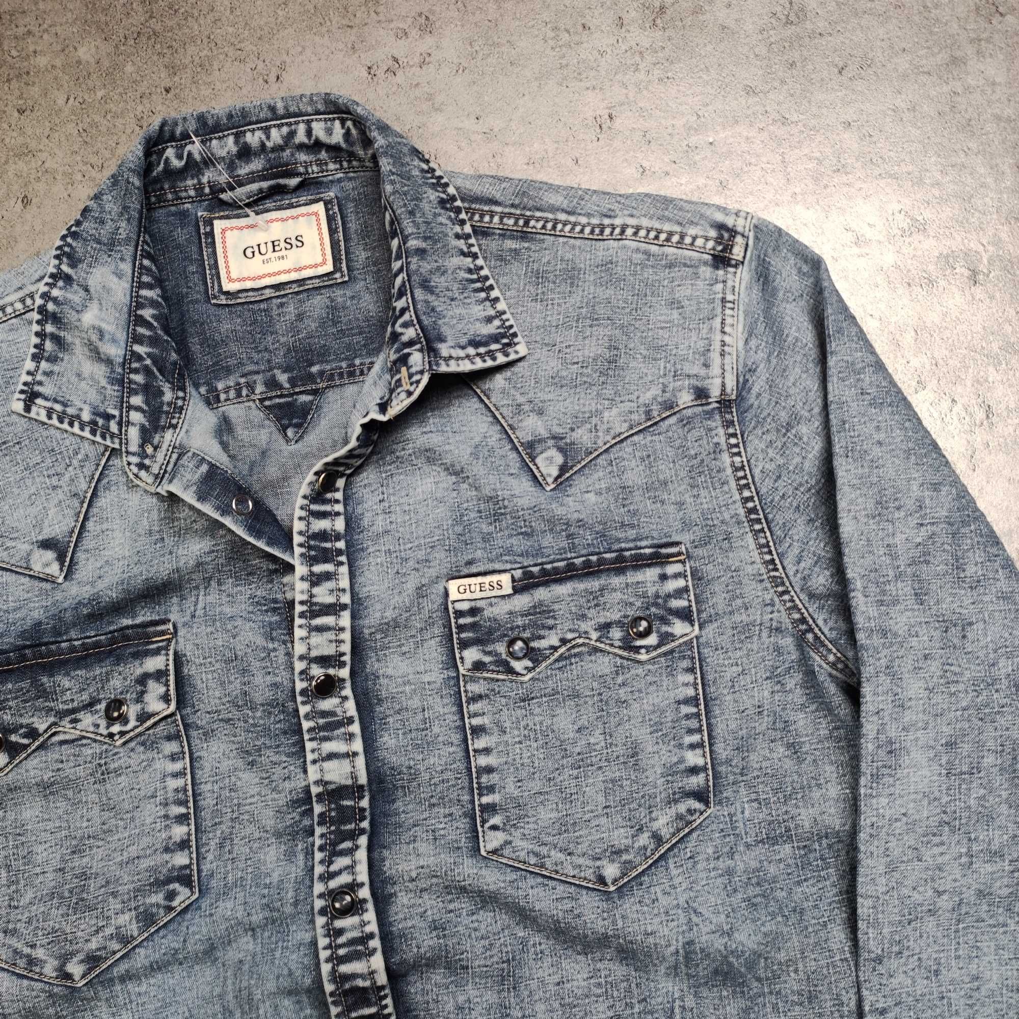 MĘSKA Koszula Elegancka PREMIUM Denim Jeans Guess USA Kieszenie Logo