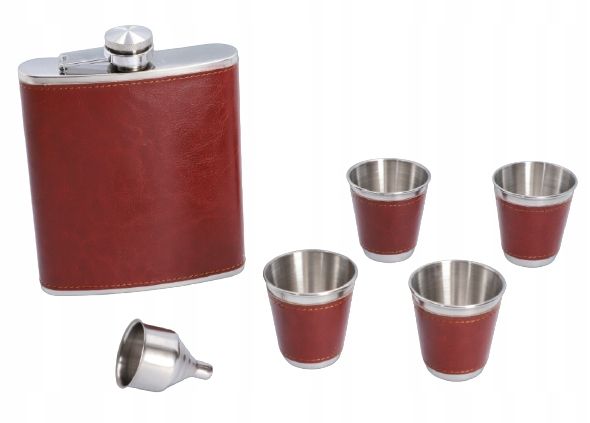 Brązowa Piersiówka Pokryta Skórą 540 ml + 4 Kieliszki 80 ml + Lejek