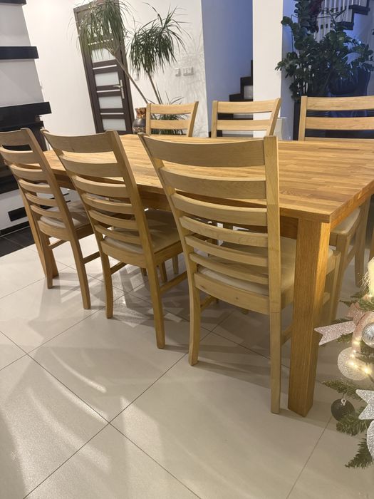 Stół bębowy z  6 dębowymi krzesłami