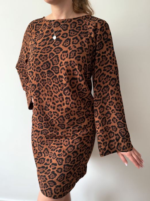 Panterkowa sukienka szerokie rękawy H&M 40 L brązowa do kolana pantera