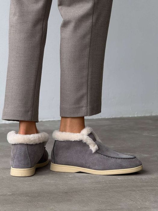 Женские замшевые зимние ботинки лоферы опушка