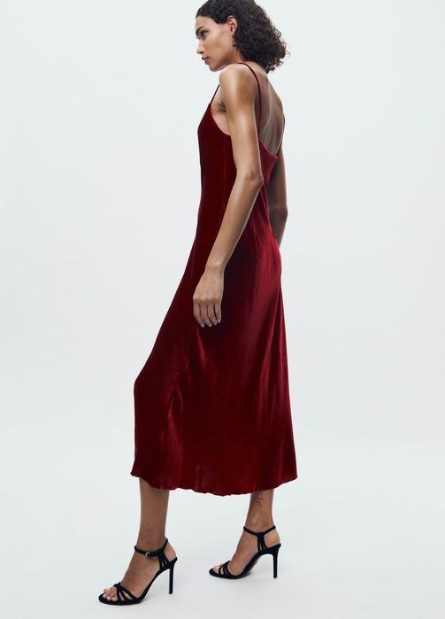 Sukienka Zara suknia L aksamitna długa slip dress czerwone wino wiśnia