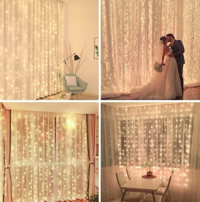 Kurtyna świetlna led girlanda 300 x 300 CM ciepła biel WTYCZKA PL - UK