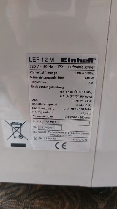 Осушувач повітря вологозбирач вологопоглинач Einhell 12л