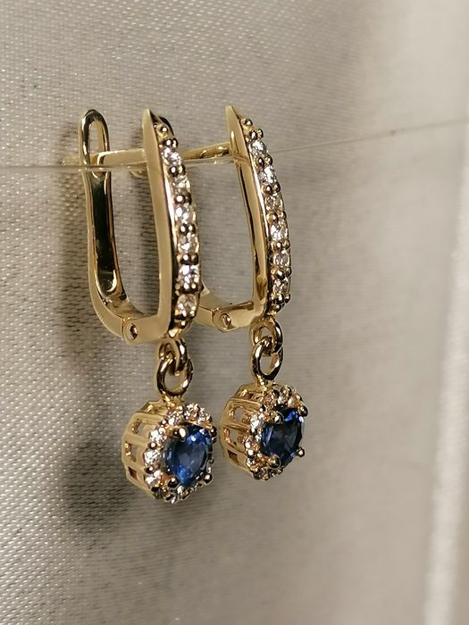 Золотые серьги с натуральными цейлонскими сапфирами и бриллиантами