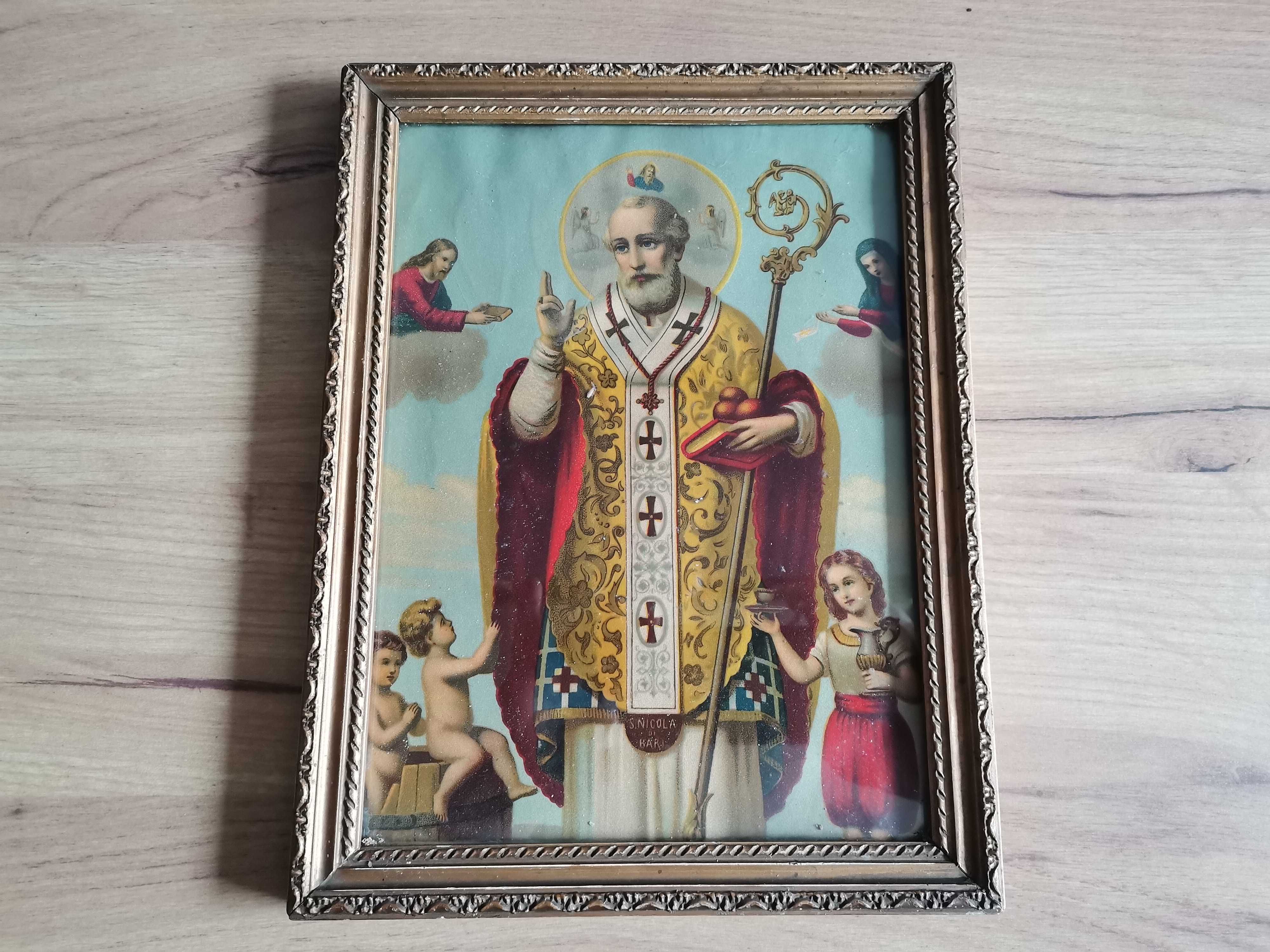 Stary przedwojenny obraz oleodruk sakralny Święty Mikołaj z Bari