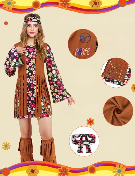 Kostium Hipisowski Damski Przebranie Lata 60 70 Strój Halloween Roz XL