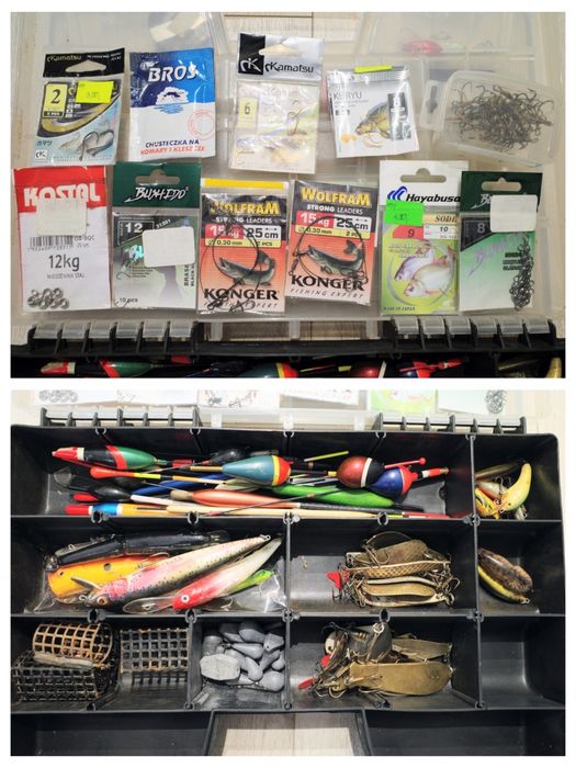 Zestaw wędkarski przynęty spławiki koszyki ciężarki akcesoria woblery
