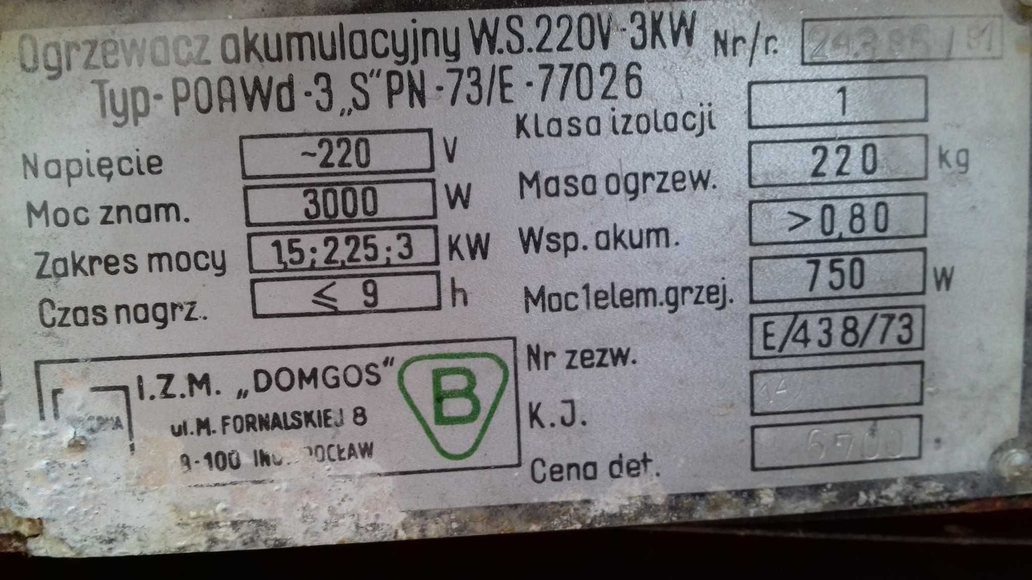 Ogrzewacz Piec akumulacyjny 1,5/2,25/3kW do garażu piwnicy gospo itp.