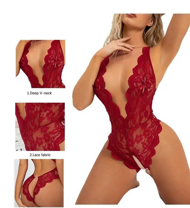 Damska seksowna koronkowa bielizna z wycięciami czerwona rozmiar XL