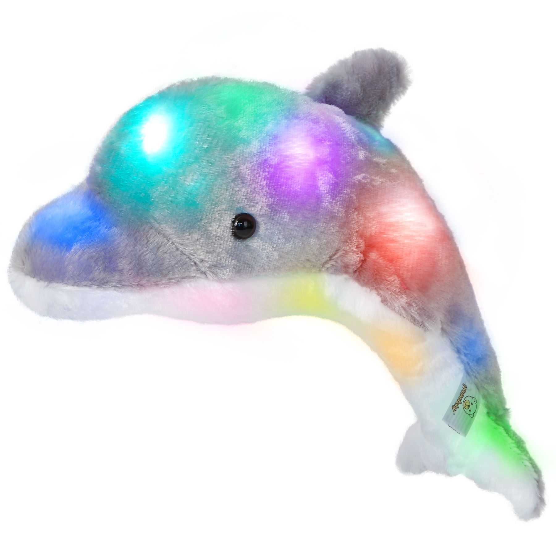 Peluche golfinho cinzento 40cm canta 10 músicas e dá luz.