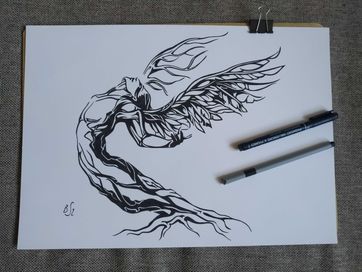 Rysunek: drzewny anioł, cienkopis - blok tech. A3, 250 g/m