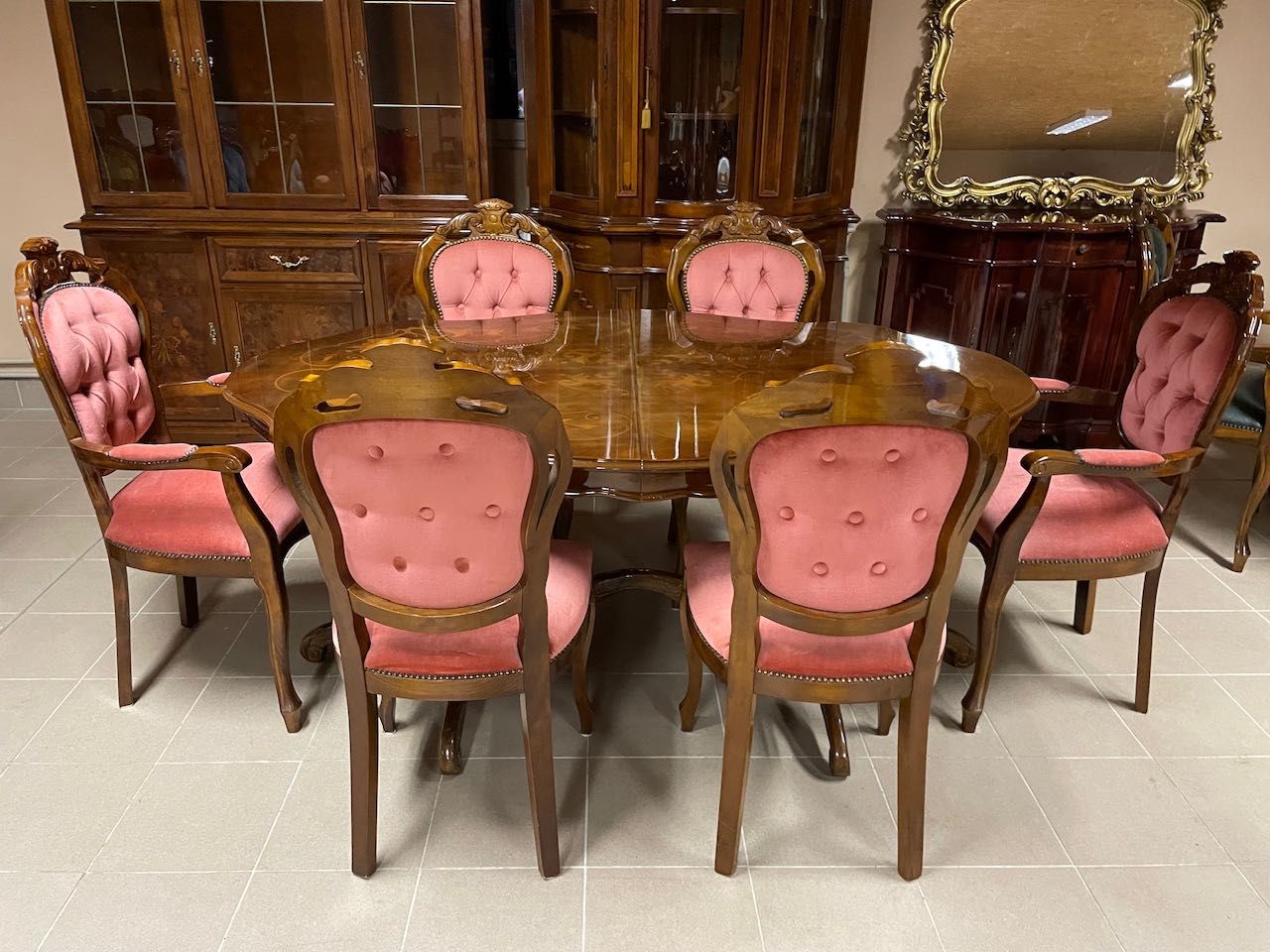 Włoski Zestaw Stylowy Rozkładany Stół + 6 Krzeseł Róż Antyczny Piękny