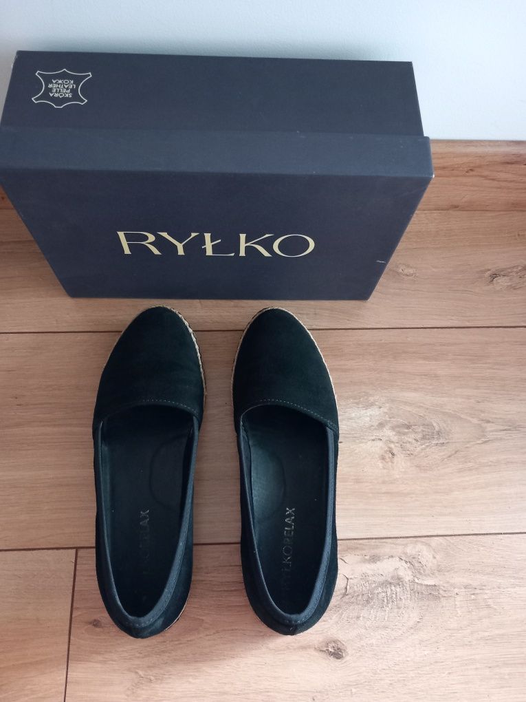 RYŁKO 39/40 oryginalne skóra naturalna welurowa espadryle buty czarne