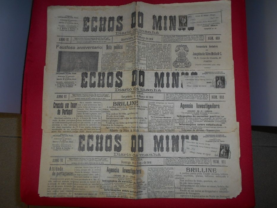 RARO lote de 24 jornais centenários do "Echos do Minho". Março de 1916
