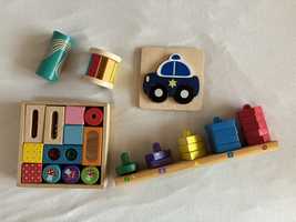 Zestaw zabawek drewnianych: sorter, klocki senso, puzzle, instrumenty