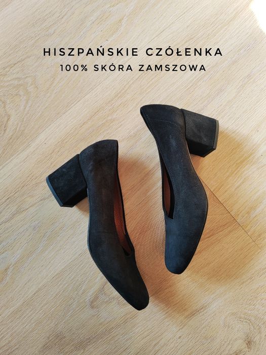 Czarne czółenka skóra zamszowa obcas klocek Sixtyseven hiszpańskie but
