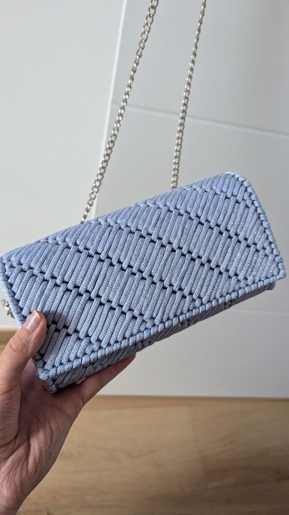 Błękitna z Srebrną nitką Torebka Kopertówka na Kanwie  Handmade