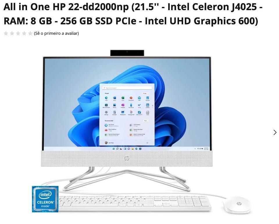 Computador All in one HP 22" 8 gb ram 256 ssd intel