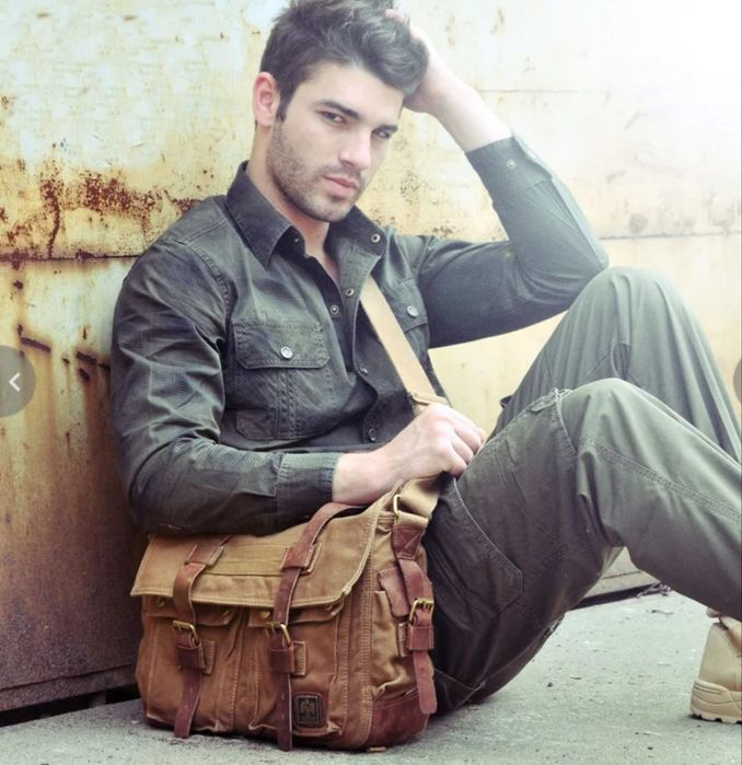 Сумка мужская парусиновая с кожей 35*30*13см