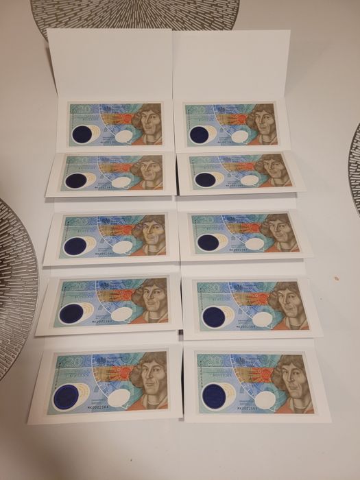 Banknoty kolekcjonerskie 20 zł Mikołaj Kopernik, niskie numery, 22 szt
