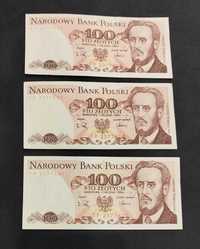 3 x banknot 100zl z 1988r Waryński unc- numery po kolei