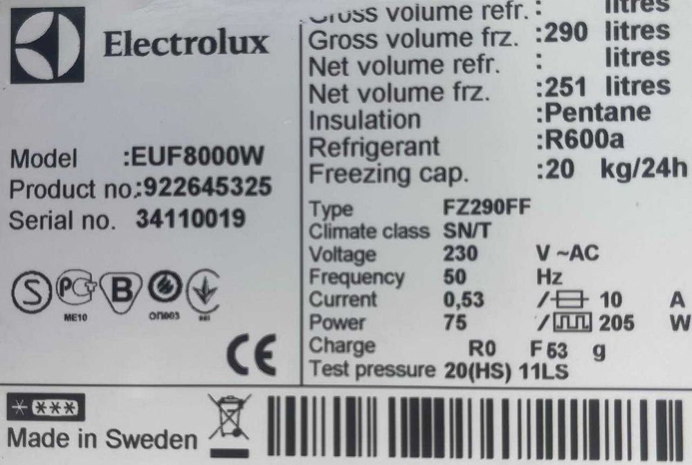 Морозильна камера Electrolux б/в 185cм біла суха заморозка #07428