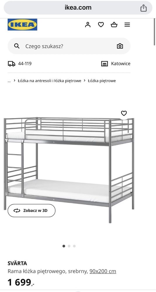 Łóżko piętrowe IKEA srebrne z materacami 90x200 ODBIÓR OSOBISTY