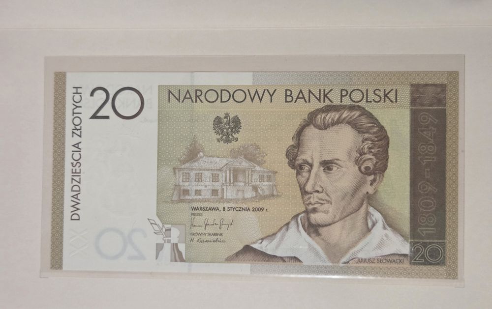 Banknot  Juliusz słowacki 20 zl Stan unc + folder